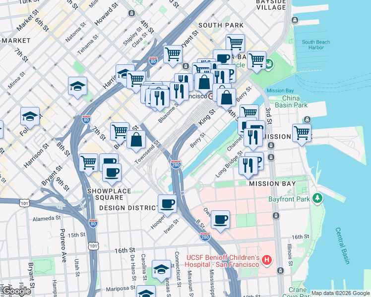 map of restaurants, bars, coffee shops, grocery stores, and more near 360 Berry Street in San Francisco