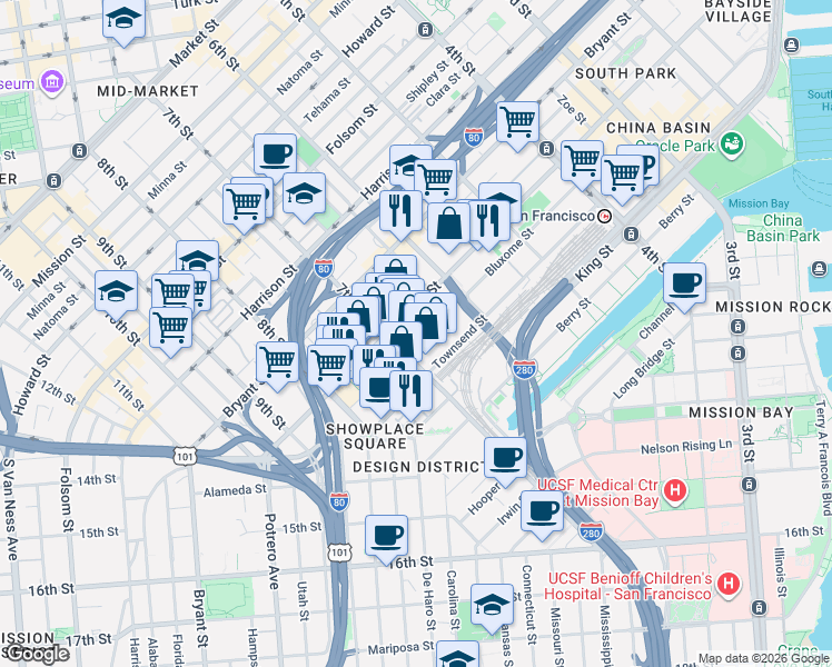 map of restaurants, bars, coffee shops, grocery stores, and more near 550 Townsend Street in San Francisco