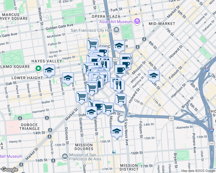 map of restaurants, bars, coffee shops, grocery stores, and more near 1206 Stevenson Street in San Francisco