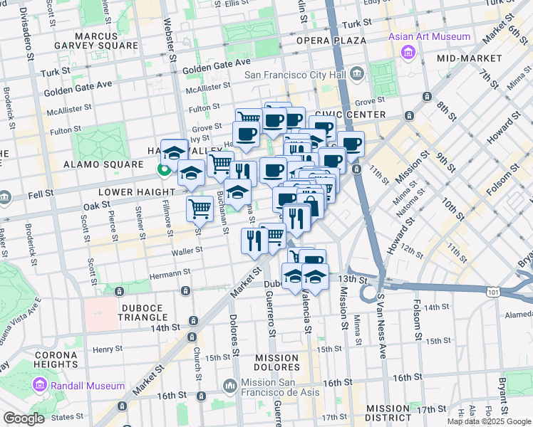 map of restaurants, bars, coffee shops, grocery stores, and more near 101 Octavia Street in San Francisco