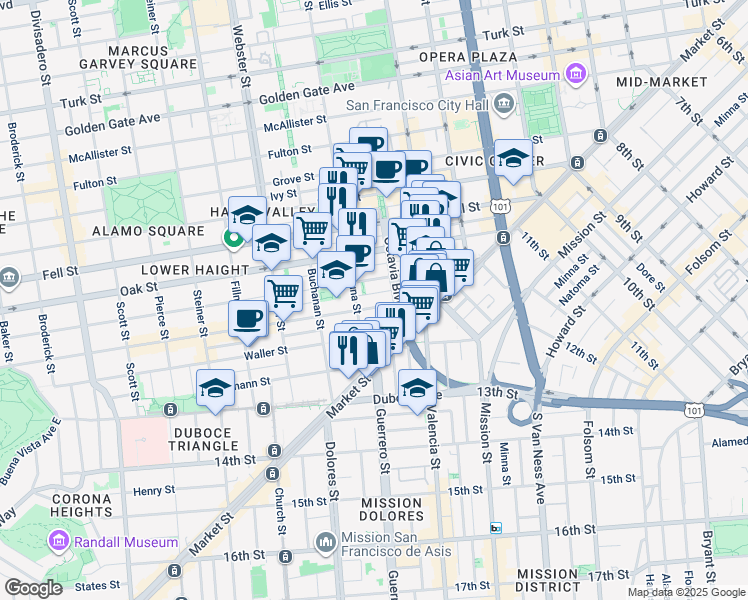 map of restaurants, bars, coffee shops, grocery stores, and more near in San Francisco