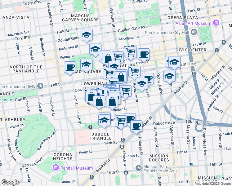 map of restaurants, bars, coffee shops, grocery stores, and more near 565 Page Street in San Francisco