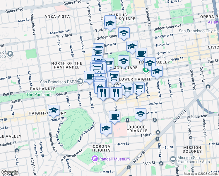 map of restaurants, bars, coffee shops, grocery stores, and more near 984 Oak Street in San Francisco