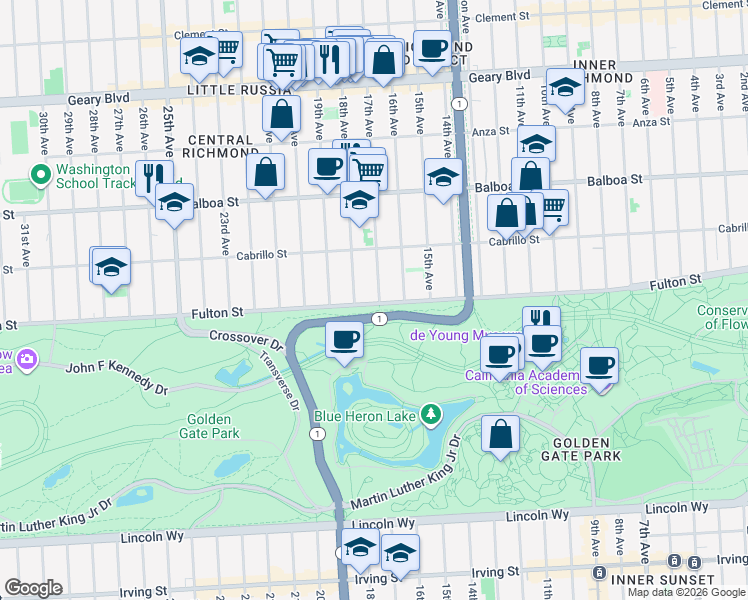 map of restaurants, bars, coffee shops, grocery stores, and more near 4150 Fulton Street in San Francisco