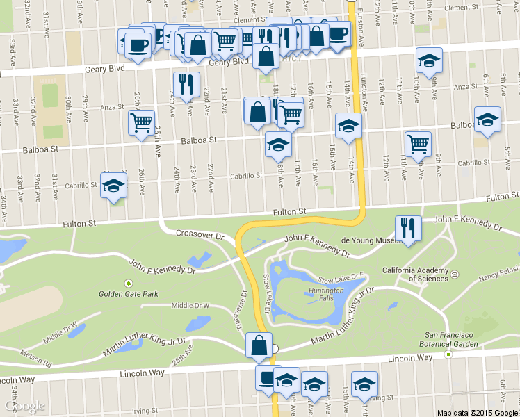 map of restaurants, bars, coffee shops, grocery stores, and more near 797 19th Avenue in San Francisco
