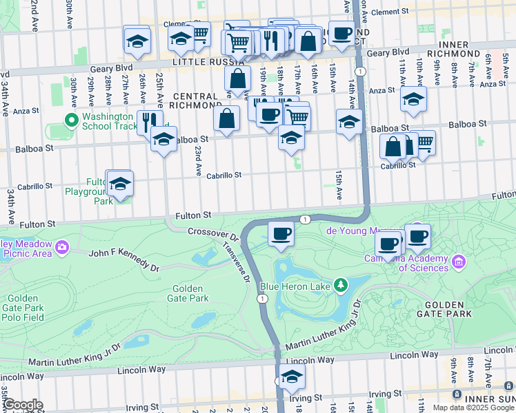 map of restaurants, bars, coffee shops, grocery stores, and more near 797 19th Avenue in San Francisco