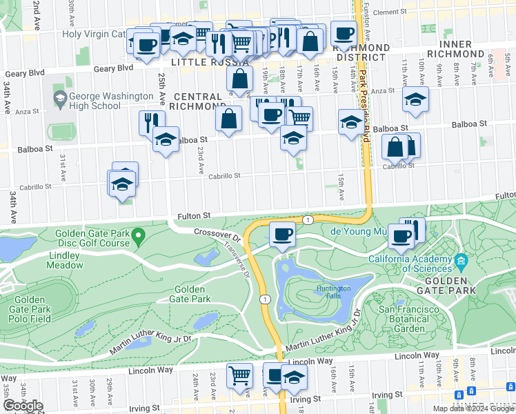 map of restaurants, bars, coffee shops, grocery stores, and more near 797 19th Avenue in San Francisco