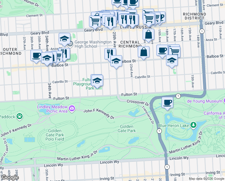 map of restaurants, bars, coffee shops, grocery stores, and more near 879 26th Avenue in San Francisco
