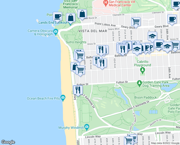 map of restaurants, bars, coffee shops, grocery stores, and more near 813 47th Avenue in San Francisco