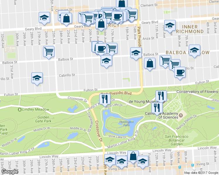 map of restaurants, bars, coffee shops, grocery stores, and more near 4150 Fulton Street in San Francisco