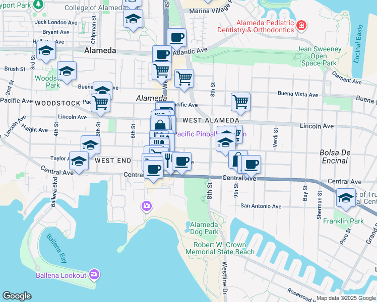 map of restaurants, bars, coffee shops, grocery stores, and more near 744 Santa Clara Avenue in Alameda