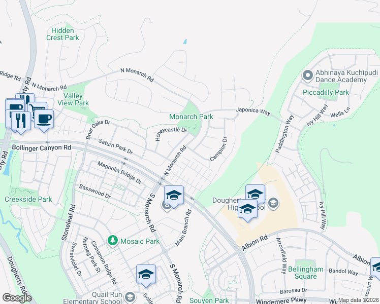 map of restaurants, bars, coffee shops, grocery stores, and more near 5012 Campion Drive in San Ramon