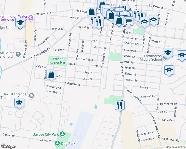 map of restaurants, bars, coffee shops, grocery stores, and more near 206 Pell Street in Farmington