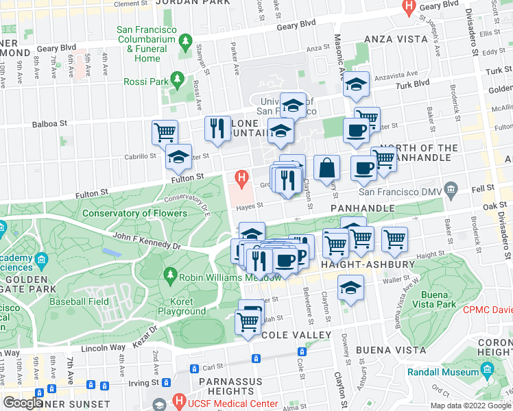 map of restaurants, bars, coffee shops, grocery stores, and more near Hayes Street & Shrader Street in San Francisco