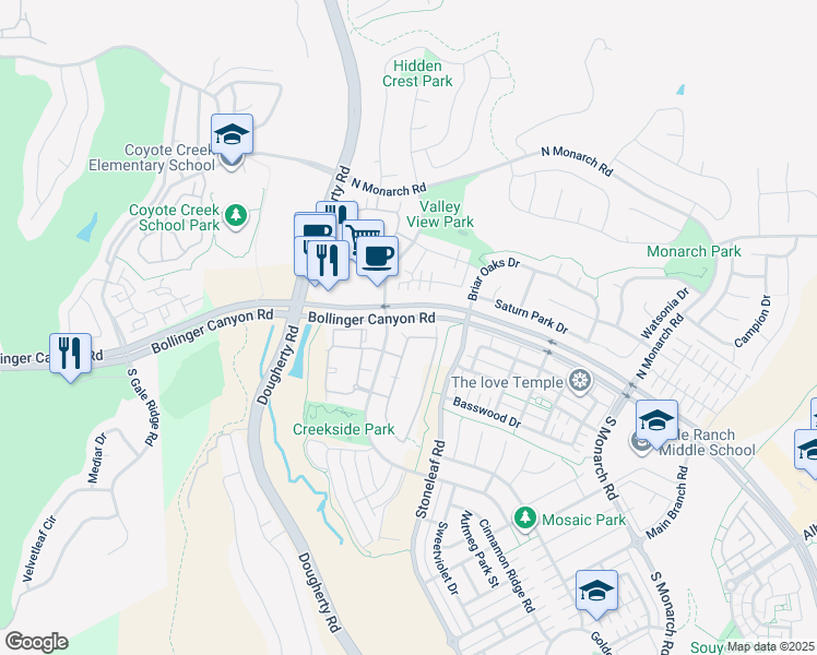 map of restaurants, bars, coffee shops, grocery stores, and more near 2536 Cedarwood Loop in San Ramon