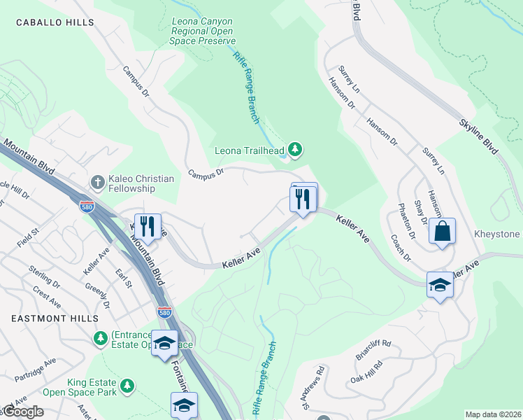 map of restaurants, bars, coffee shops, grocery stores, and more near 515 Canyon Oaks Drive in Oakland