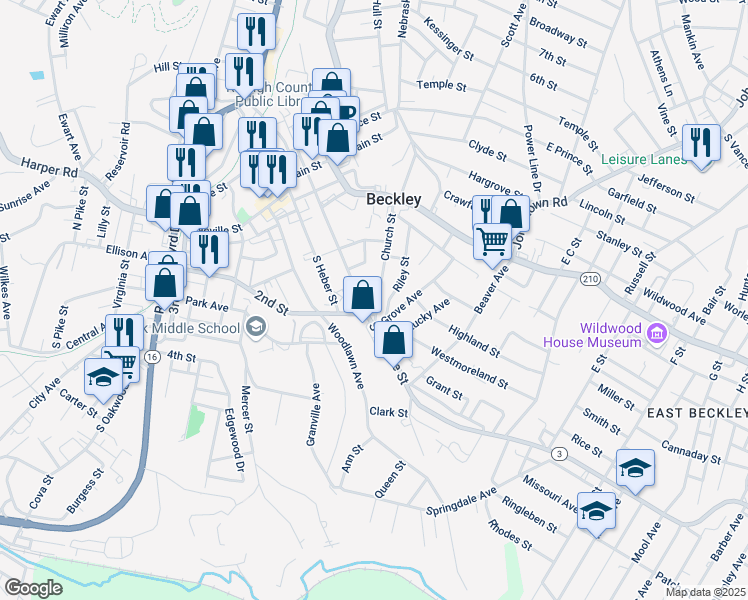 map of restaurants, bars, coffee shops, grocery stores, and more near 235 Church Street in Beckley