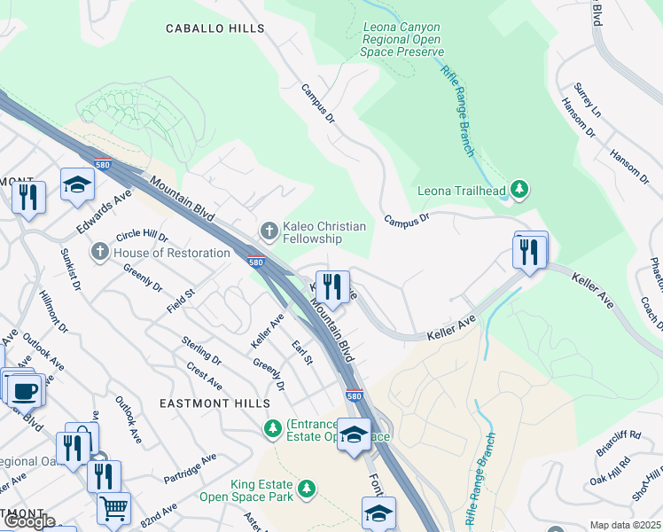 map of restaurants, bars, coffee shops, grocery stores, and more near 7852 Sanford Street in Oakland