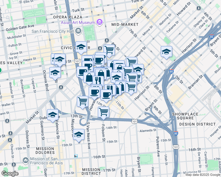 map of restaurants, bars, coffee shops, grocery stores, and more near 969 Natoma Street in San Francisco