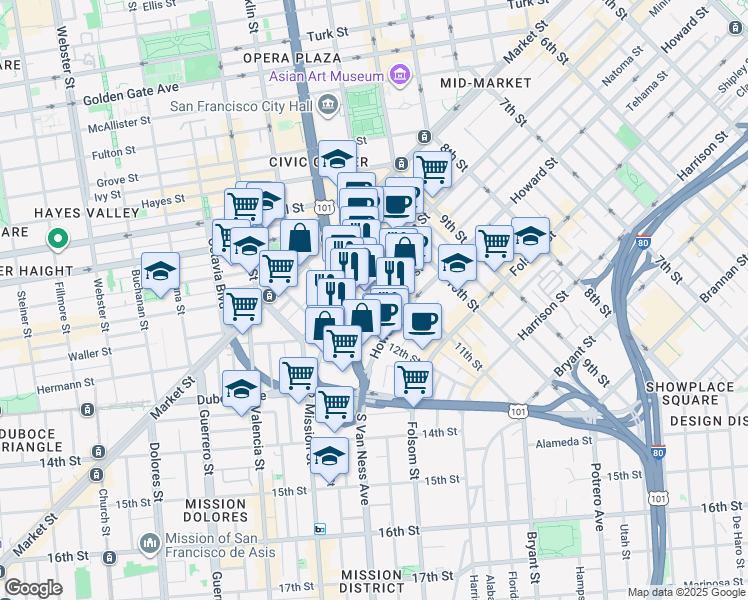 map of restaurants, bars, coffee shops, grocery stores, and more near 41 Lafayette Street in San Francisco