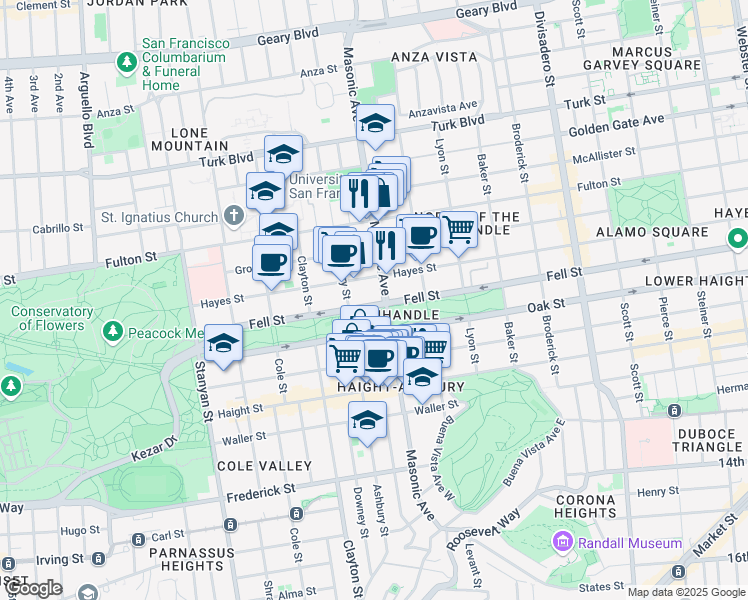 map of restaurants, bars, coffee shops, grocery stores, and more near 1712 Fell Street in San Francisco
