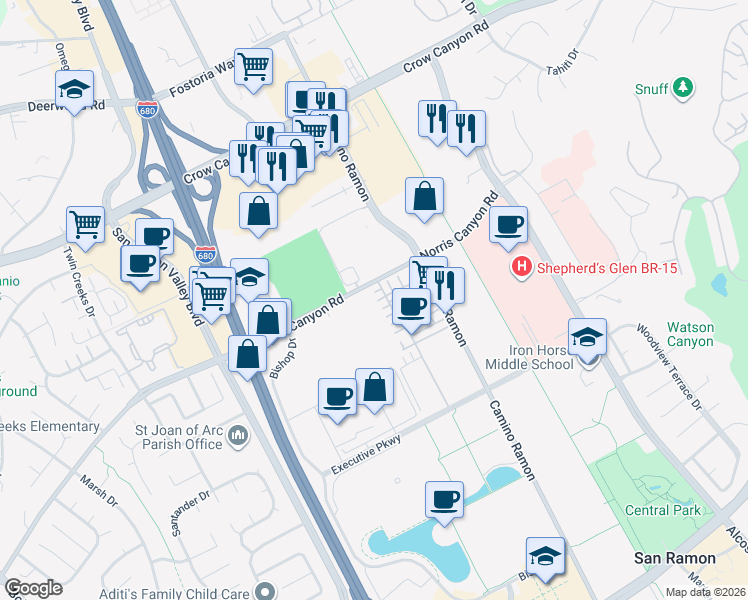 map of restaurants, bars, coffee shops, grocery stores, and more near Unnamed Road in San Ramon