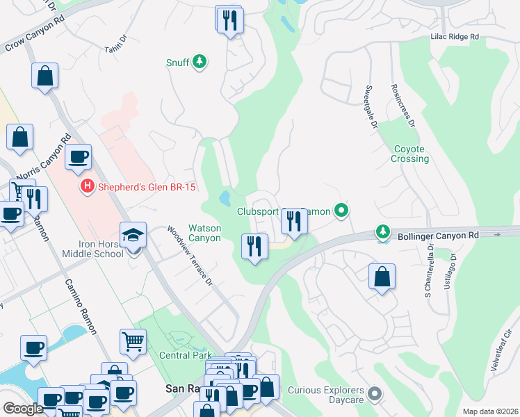 map of restaurants, bars, coffee shops, grocery stores, and more near 115 Sapphire Court in San Ramon