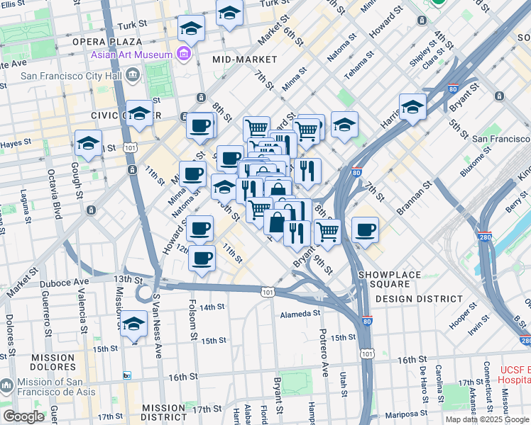 map of restaurants, bars, coffee shops, grocery stores, and more near in San Francisco