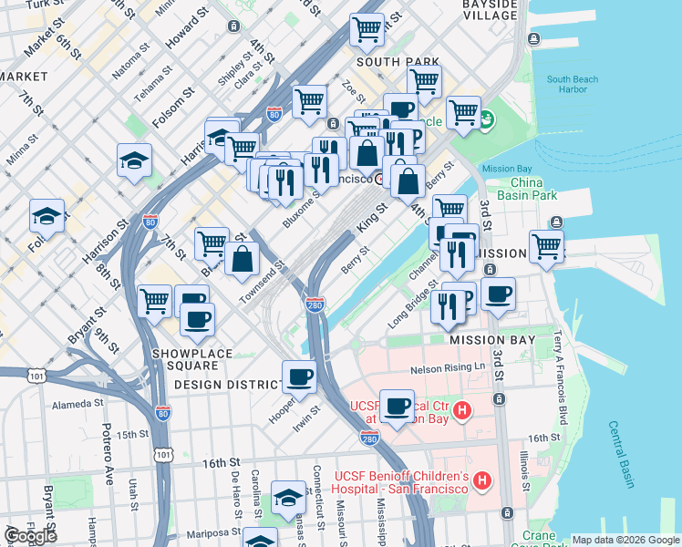 map of restaurants, bars, coffee shops, grocery stores, and more near Berry Street in San Francisco