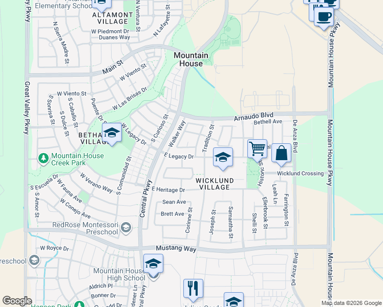 map of restaurants, bars, coffee shops, grocery stores, and more near 125 Legacy Drive in Mountain House