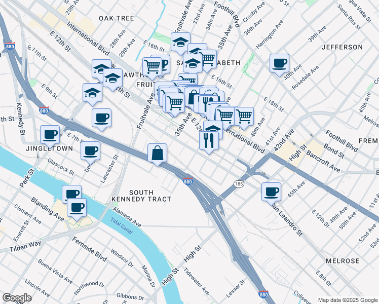 map of restaurants, bars, coffee shops, grocery stores, and more near 3627 San Leandro Street in Oakland