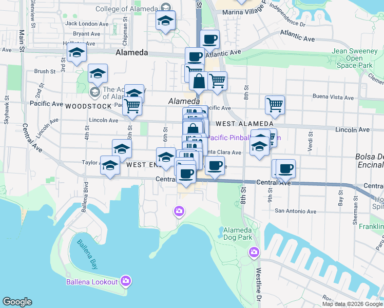 map of restaurants, bars, coffee shops, grocery stores, and more near 705 Santa Clara Avenue in Alameda