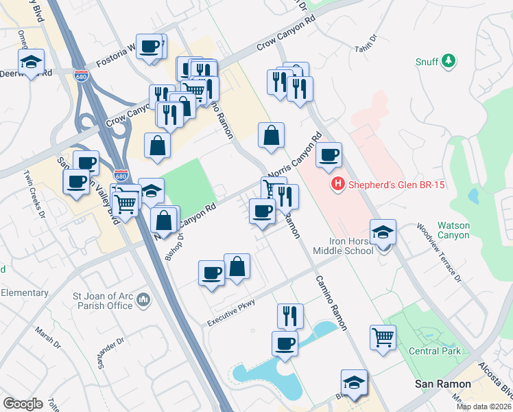 map of restaurants, bars, coffee shops, grocery stores, and more near 3201 Ivory Terrace in San Ramon