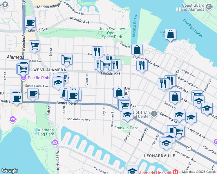 map of restaurants, bars, coffee shops, grocery stores, and more near 1211 Santa Clara Avenue in Alameda