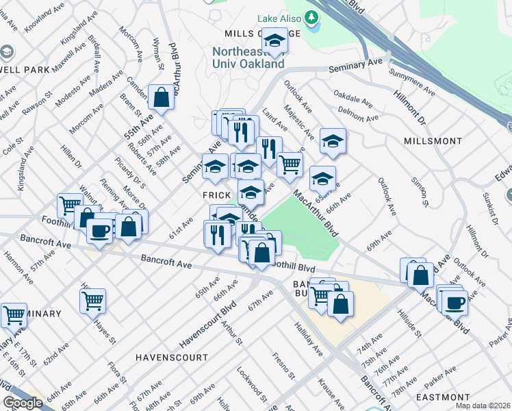 map of restaurants, bars, coffee shops, grocery stores, and more near 3118 63rd Avenue in Oakland