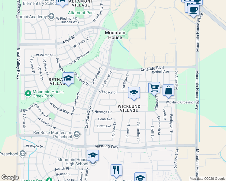 map of restaurants, bars, coffee shops, grocery stores, and more near 125 Legacy Drive in Mountain House