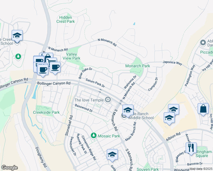 map of restaurants, bars, coffee shops, grocery stores, and more near 8363 Saturn Park Drive in San Ramon