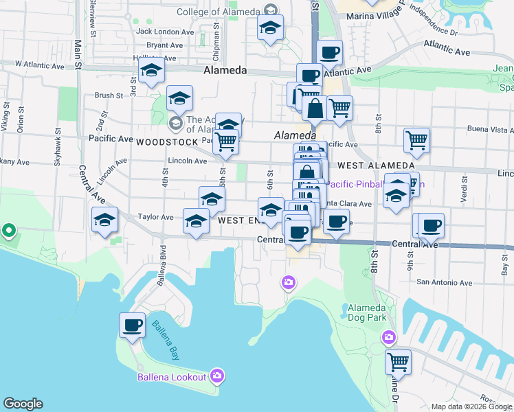 map of restaurants, bars, coffee shops, grocery stores, and more near 550 Santa Clara Avenue in Alameda