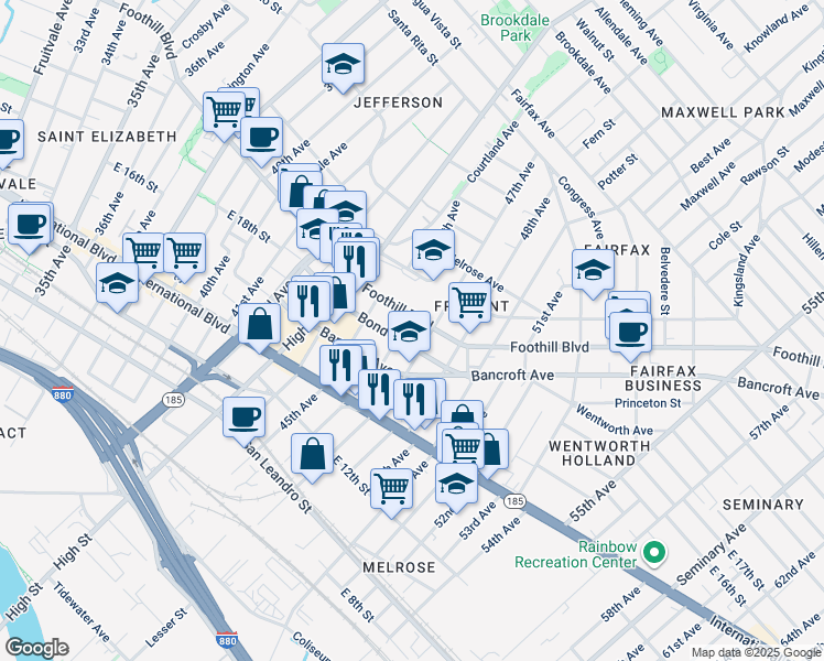 map of restaurants, bars, coffee shops, grocery stores, and more near 1720 46th Avenue in Oakland
