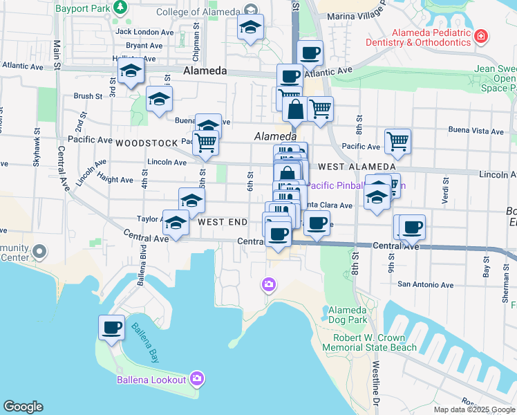 map of restaurants, bars, coffee shops, grocery stores, and more near 610 Santa Clara Avenue in Alameda