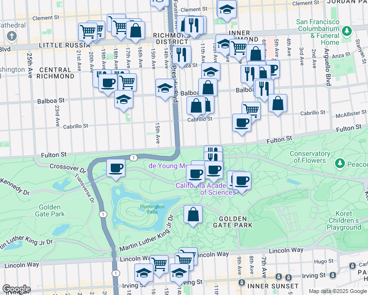 map of restaurants, bars, coffee shops, grocery stores, and more near Fulton Street & Funston Avenue in San Francisco