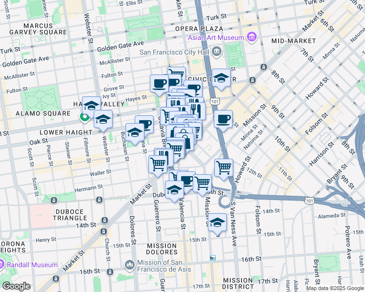 map of restaurants, bars, coffee shops, grocery stores, and more near Gough Street & Haight Street in San Francisco