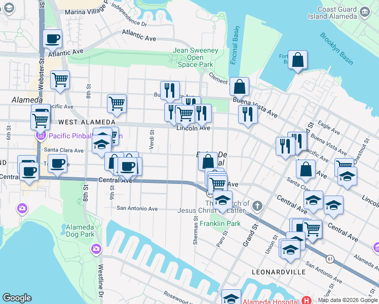 map of restaurants, bars, coffee shops, grocery stores, and more near 1211 Santa Clara Avenue in Alameda