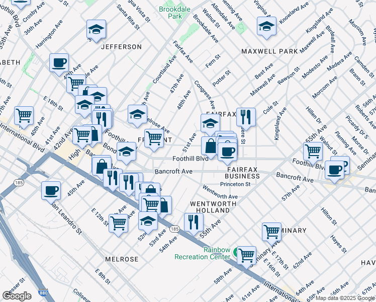map of restaurants, bars, coffee shops, grocery stores, and more near 1924 51st Avenue in Oakland