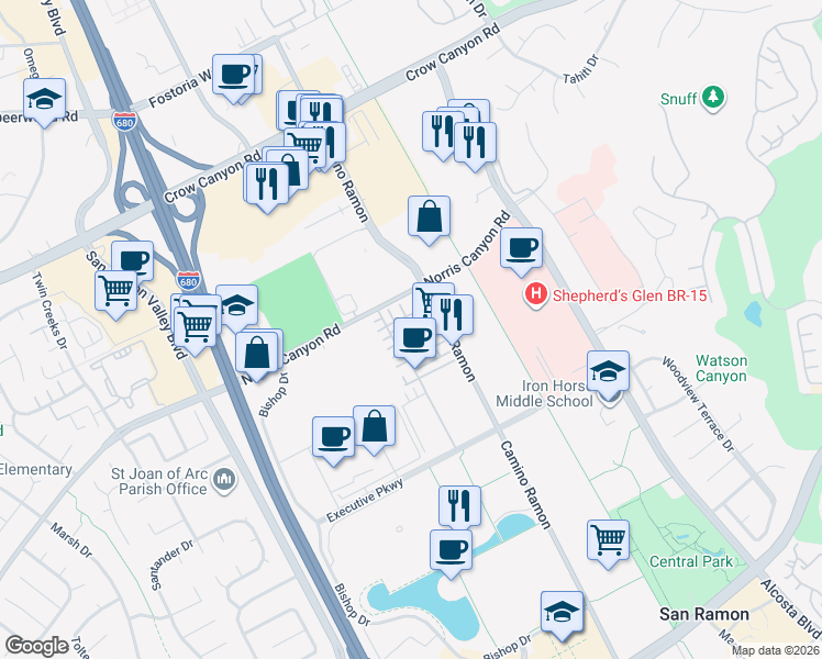 map of restaurants, bars, coffee shops, grocery stores, and more near 3310 Seashell Terrace in San Ramon