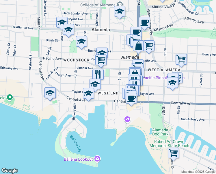 map of restaurants, bars, coffee shops, grocery stores, and more near 519 Taylor Avenue in Alameda