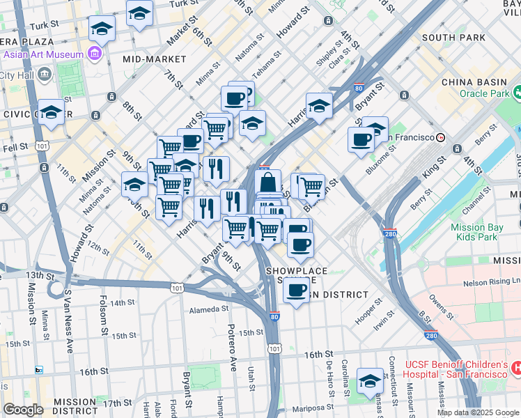map of restaurants, bars, coffee shops, grocery stores, and more near 975 Bryant Street in San Francisco
