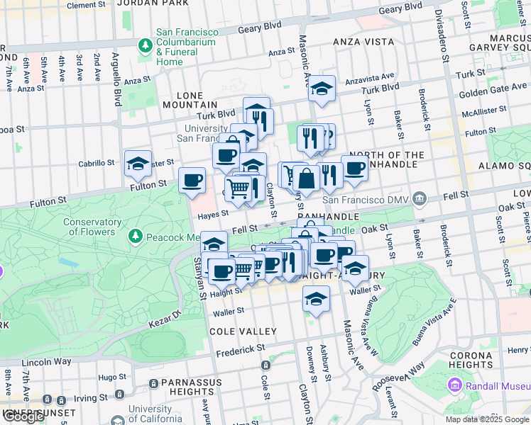 map of restaurants, bars, coffee shops, grocery stores, and more near 2390 Clayton Street in San Francisco