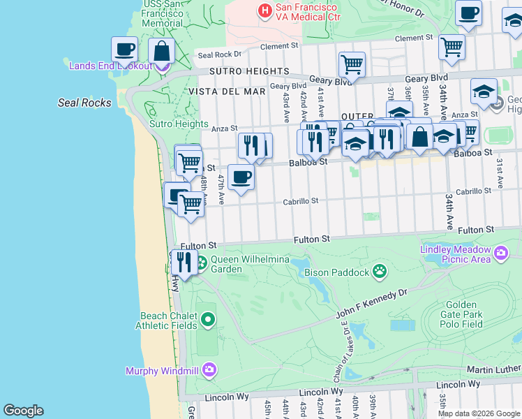 map of restaurants, bars, coffee shops, grocery stores, and more near 823 44th Avenue in San Francisco