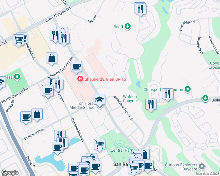 map of restaurants, bars, coffee shops, grocery stores, and more near 12720 Alcosta Boulevard in San Ramon